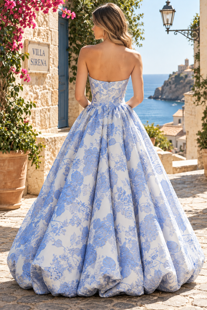 Blue Strapless A-Line Scoop Neck Jacquard Bubble Long Prom Dress
