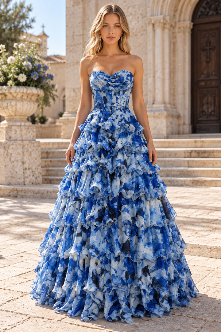 Blue Strapless A-Line Sweetheart Ruffles Chiffon Print Sleeveless Long Prom Dress