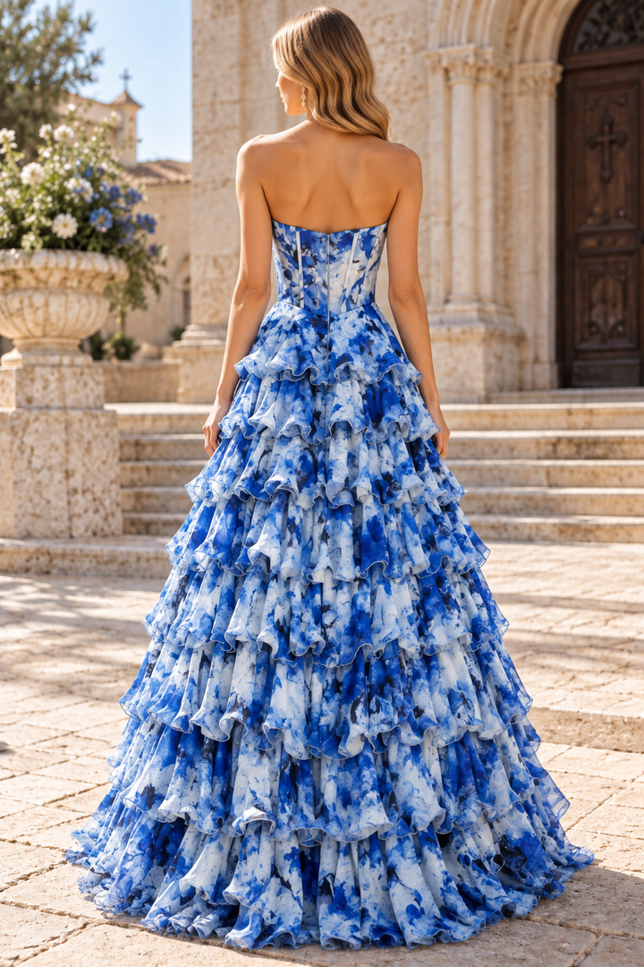 Blue Strapless A-Line Sweetheart Ruffles Chiffon Print Sleeveless Long Prom Dress
