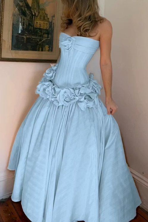 Blue Strapless Empire-Waist Flower A-Line Satin Long Prom Dress