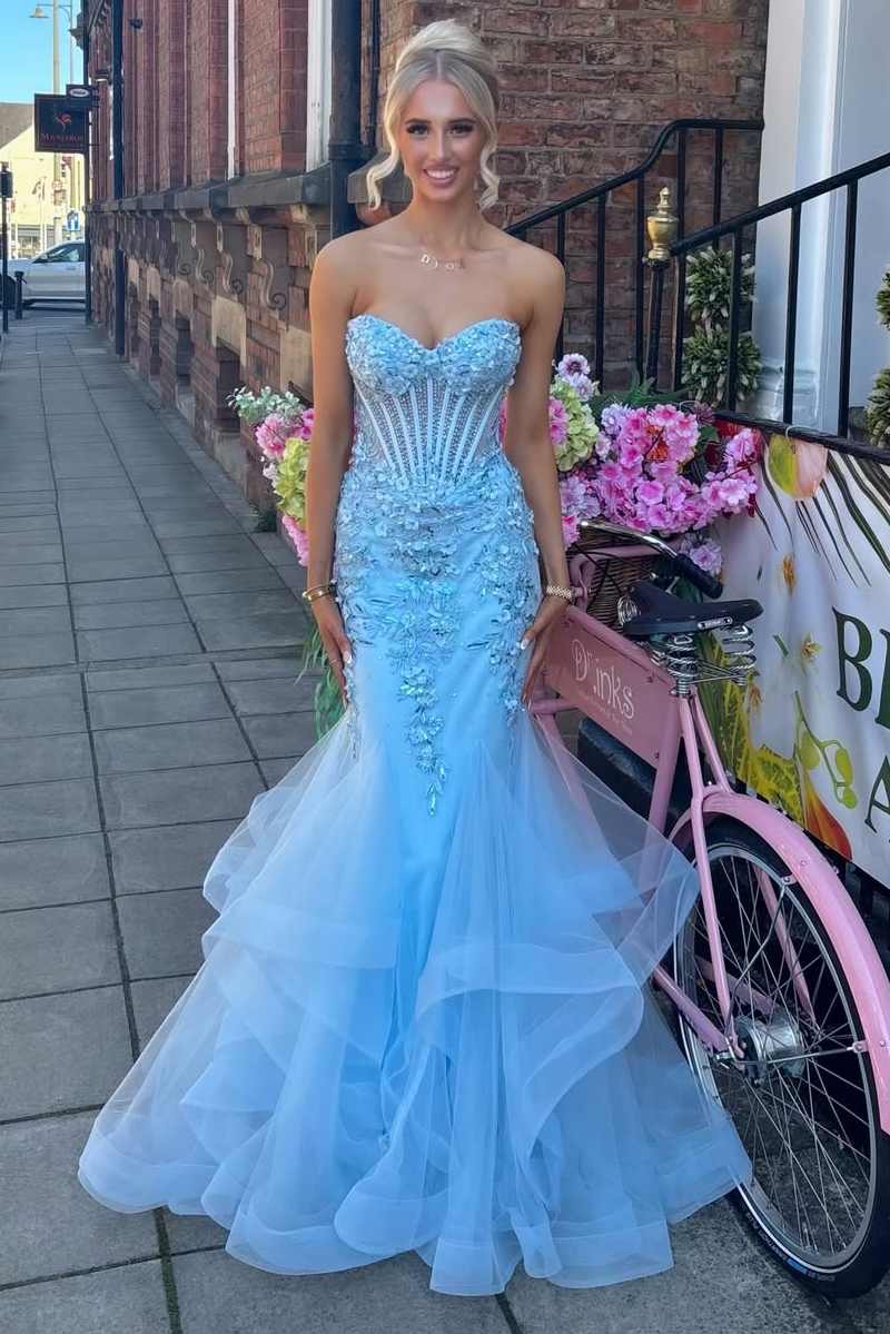Blue Strapless Sweetheart Ruffles Appliques Long Prom Dress