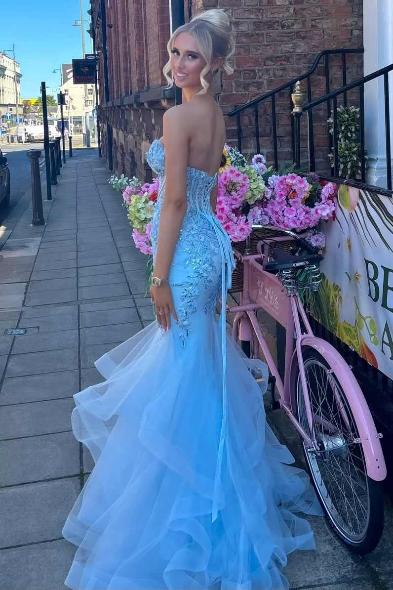 Blue Strapless Sweetheart Ruffles Appliques Long Prom Dress