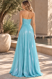 Blue Sweetheart A-Line Metallic Strapless Prom Dress with Slit