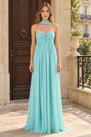 Elegant blue chiffon prom dress featuring a flattering A-line silhouette and strapless sweetheart neckline. The graceful twist detailing adds sophisticated movement and dimension to the bodice, while the flowing chiffon skirt creates a romantic, formal look perfect for proms, galas, and special occasions. Comfortable and stunning.