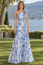 Stunning blue one-shoulder A-line prom dress featuring delicate floral print and elegant ruching throughout. The sleeveless design and asymmetrical neckline create a sophisticated, modern silhouette perfect for proms, formal events, and special occasions.