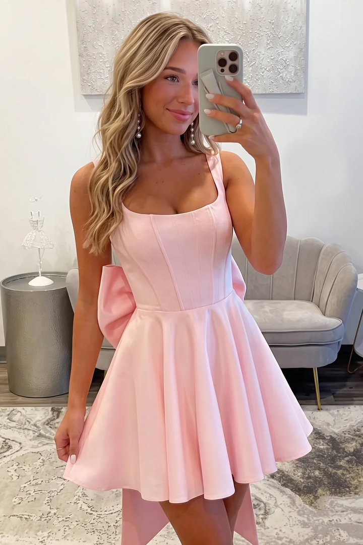 Blush Pink Satin A-Line Pleated Homecoming Dress with Big Bow