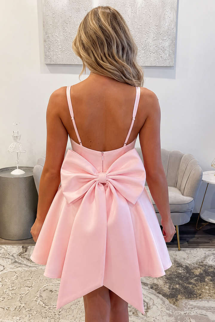 Blush Pink Satin A-Line Pleated Homecoming Dress with Big Bow