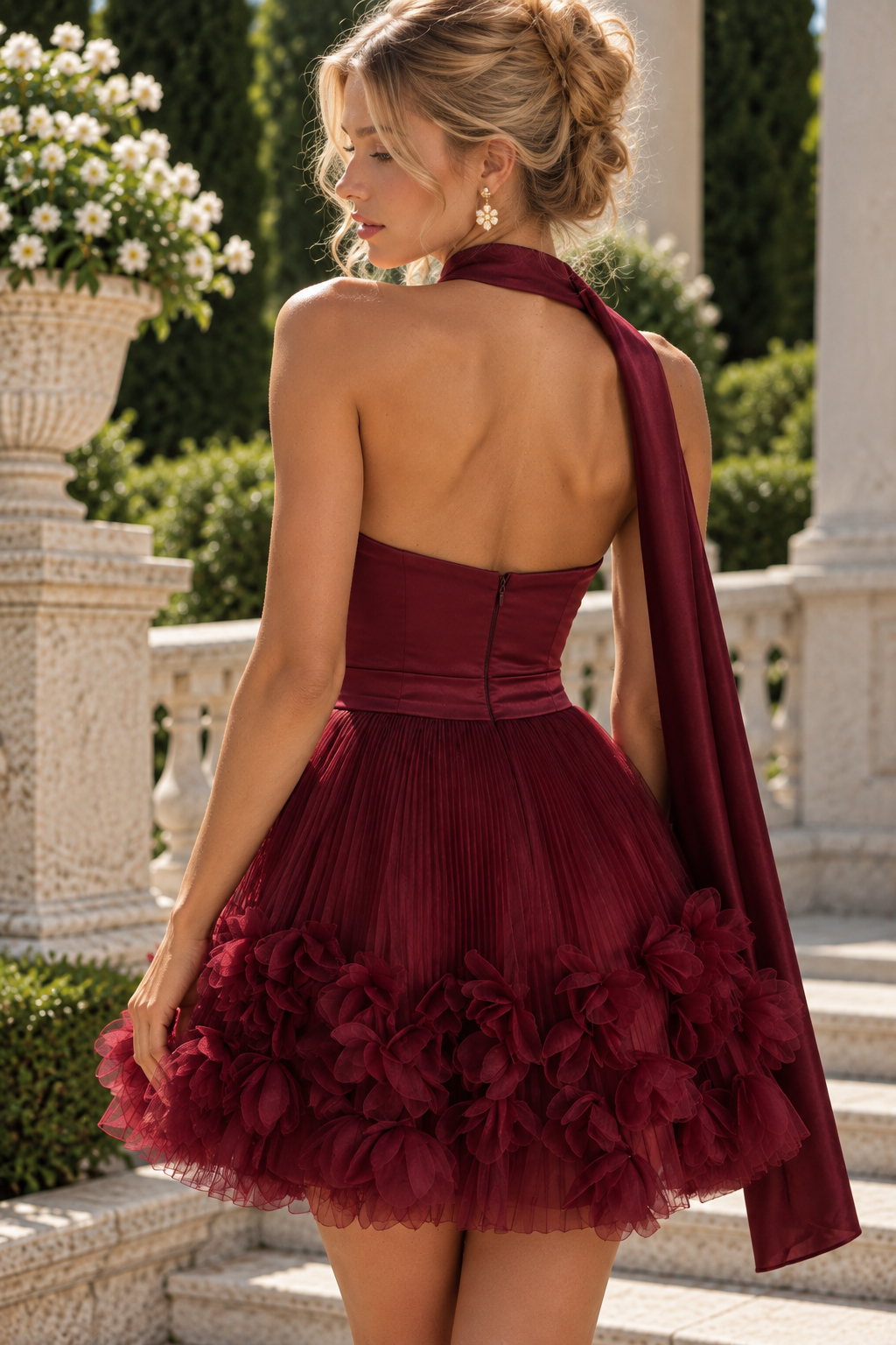 Burgundy A-Line Strapless 3D Flower Empire-Waist Short Homecoming Dress