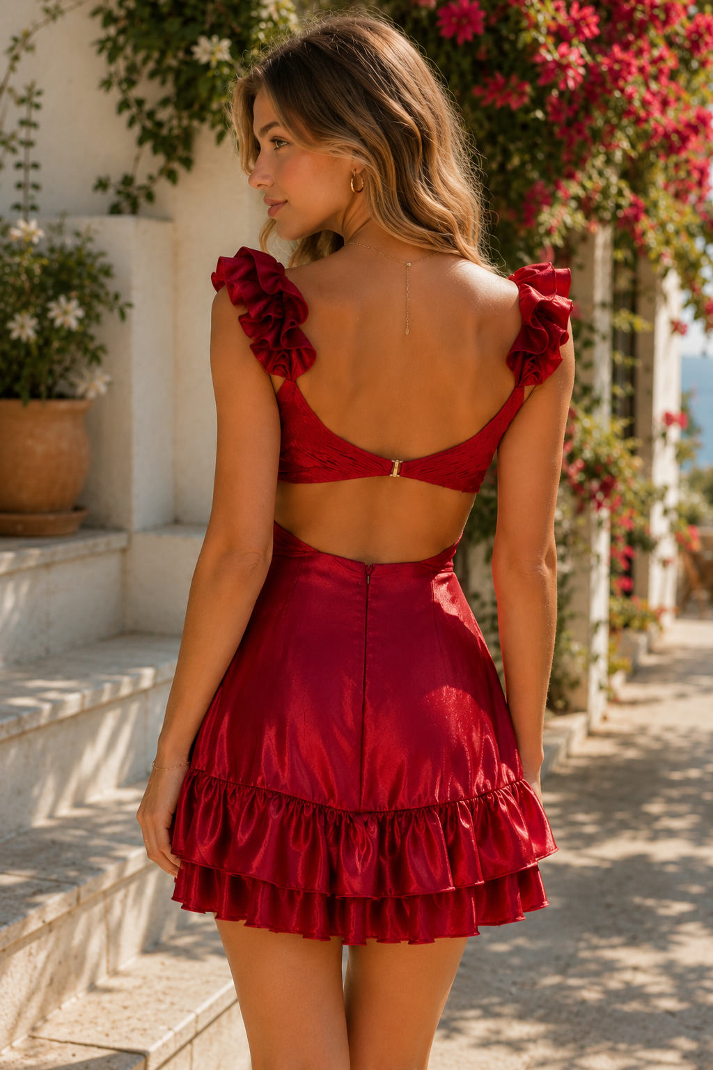 Burgundy A-Line V-Neck Satin Ruffles Short Homecoming Dress