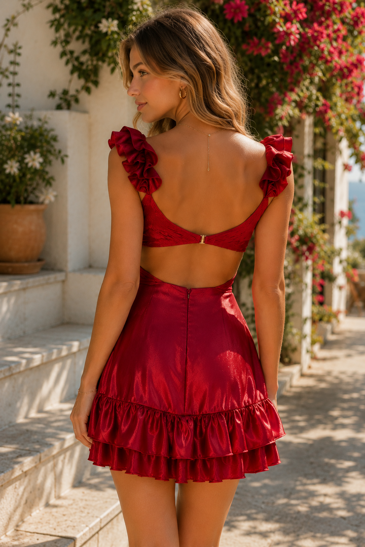 Burgundy A-Line V-Neck Satin Ruffles Short Homecoming Dress