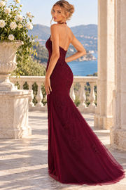Burgundy Halter Mermaid Lace Appliques High Slit Prom Dress