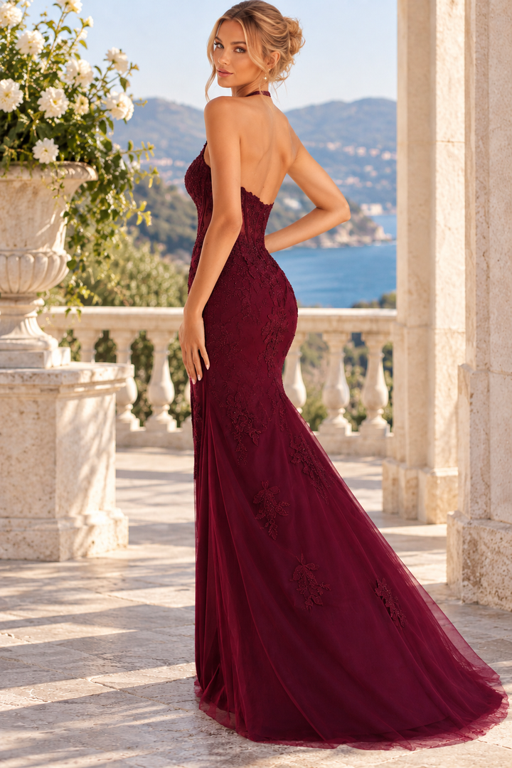 Burgundy Halter Mermaid Lace Appliques High Slit Prom Dress