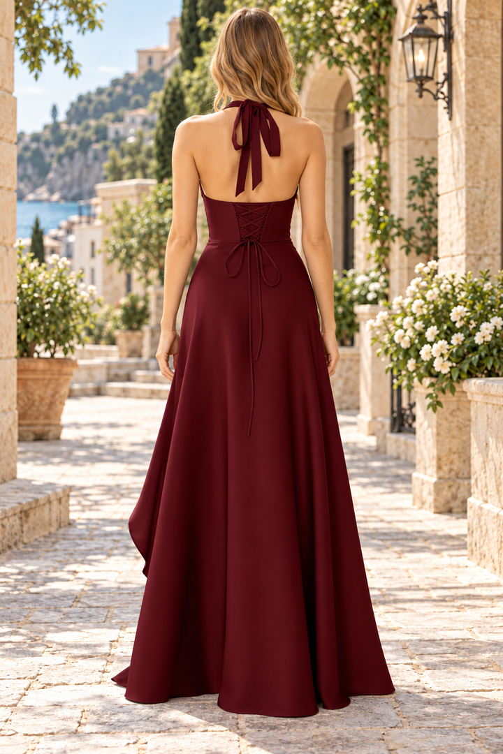 Burgundy Halter V-Neck Satin Empire-Waist Sleeveless Prom Party Dress with Slit