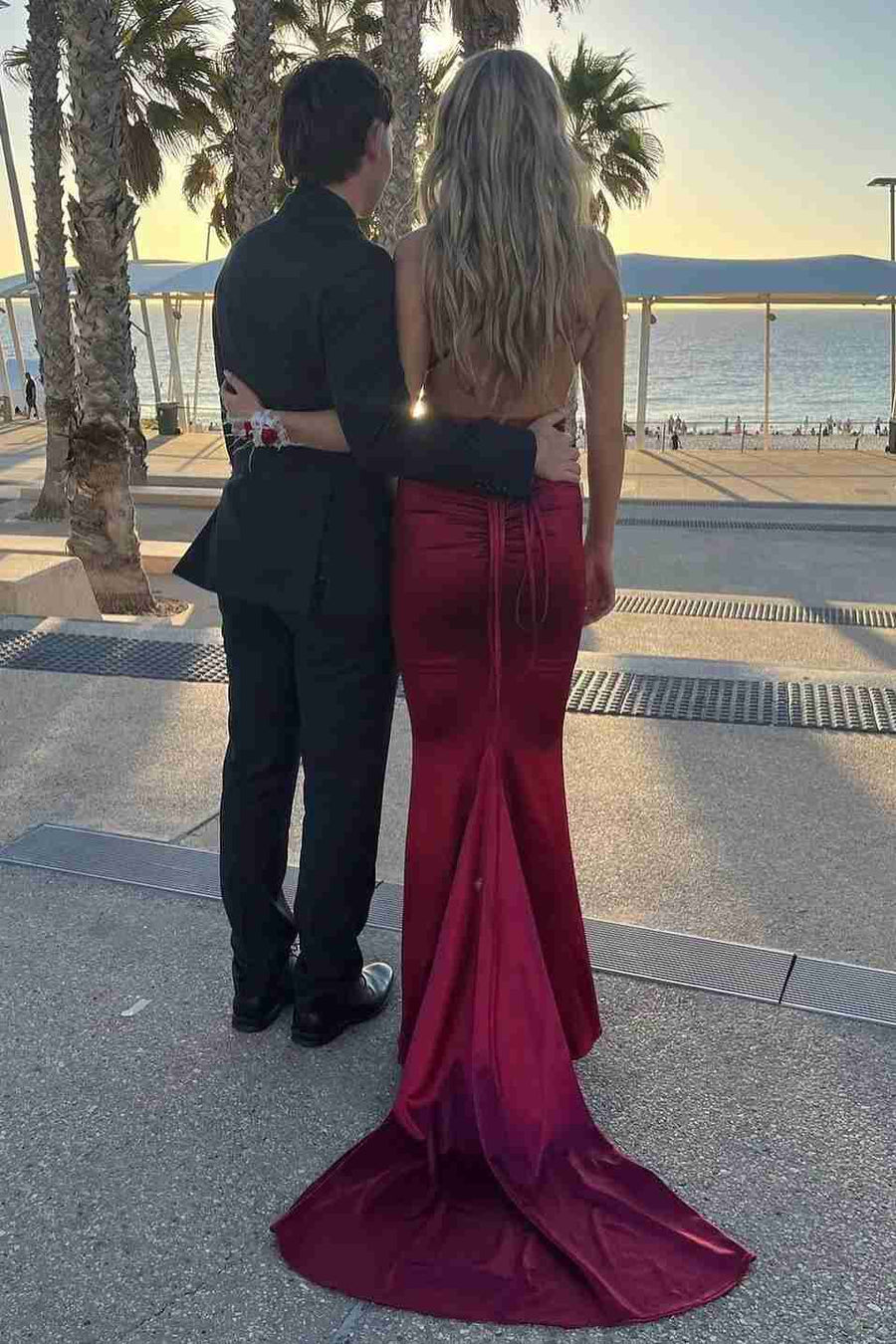 Burgundy Mermaid Deep V-Neck Sleeveless Pleated Satin Long Prom Formal Dress