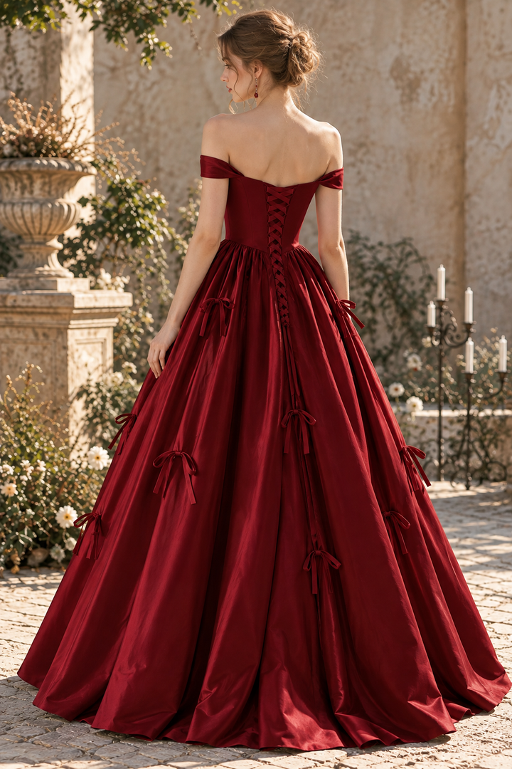 Burgundy Off-Shoulder A-Line Empire-Waist Satin Prom Evening Dress with Bow