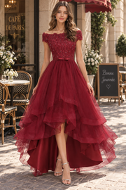 Burgundy Off-Shoulder A-Line Empire-Waist Tulle Ruffles Prom Dress with Appliques
