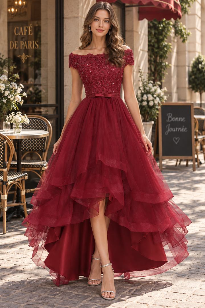 Burgundy Off-Shoulder A-Line Empire-Waist Tulle Ruffles Prom Dress with Appliques