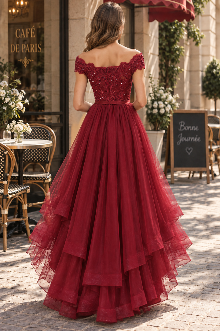 Burgundy Off-Shoulder A-Line Empire-Waist Tulle Ruffles Prom Dress with Appliques