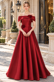 Burgundy Off-Shoulder A-Line Pleated Empire-Waist Satin Prom Evening Dress