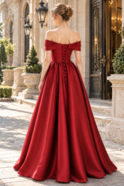 Burgundy Off-Shoulder A-Line Pleated Empire-Waist Satin Prom Evening Dress