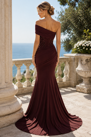 Burgundy One Shoulder Lace Appliques Mermaid Long Prom Evening Dress