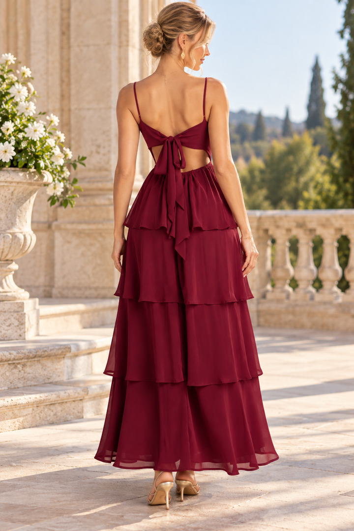 Burgundy Spaghetti Straps A-Line Tiered Chiffon Sleeveless Prom Formal Dress