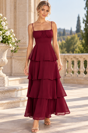 Burgundy Spaghetti Straps A-Line Tiered Chiffon Sleeveless Prom Formal Dress