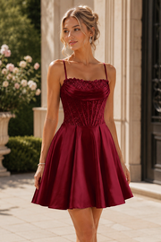 Burgundy Spaghetti Straps Pleated Satin Mini  Homecoming Dress