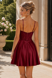 Burgundy Spaghetti Straps Pleated Satin Mini  Homecoming Dress
