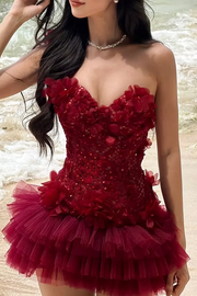 Burgundy Strapless 3D Floral Beaded Homecoming Mini Dress with Tulle