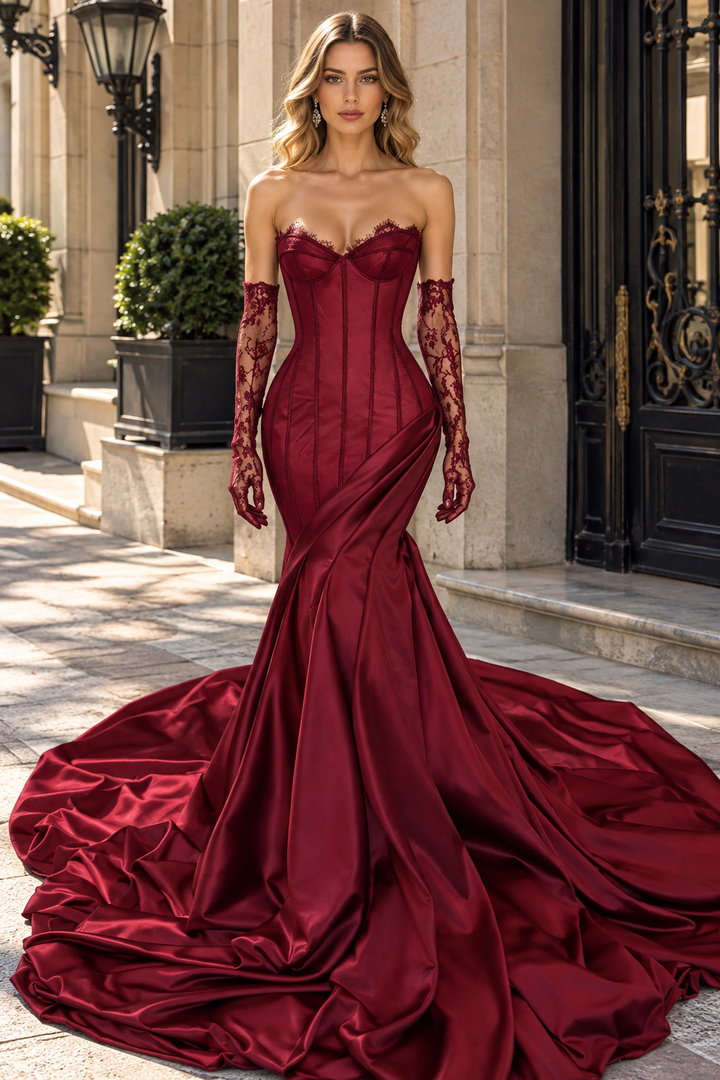 Burgundy Strapless V-Neck Mermaid Satin Ruched Long Evening Prom Dress with Train