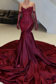 Burgundy Strapless V-Neck Mermaid Satin Ruched Long Evening Prom Dress with Train