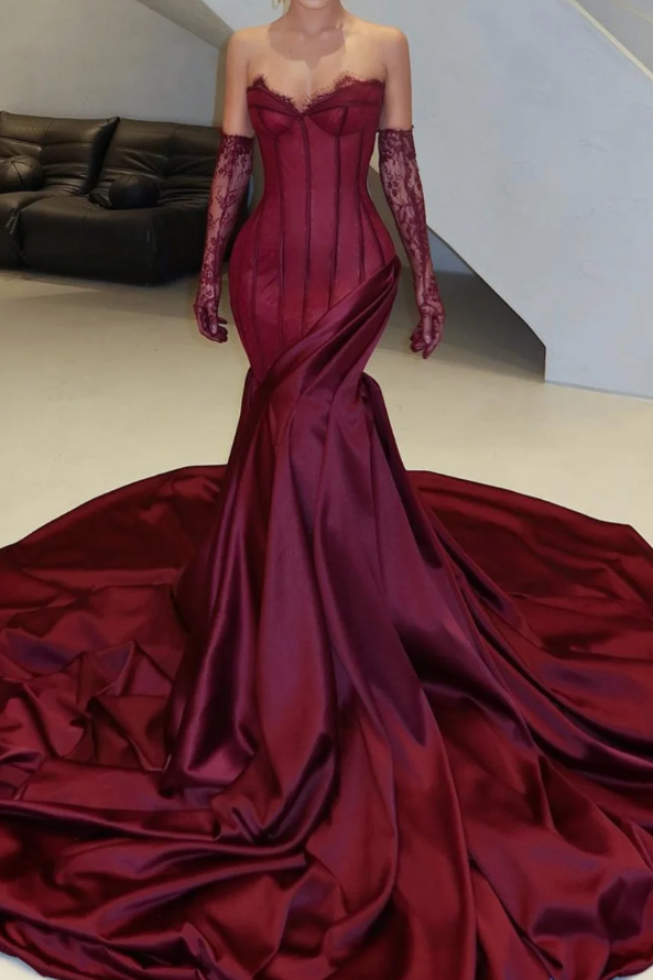 Burgundy Strapless V-Neck Mermaid Satin Ruched Long Evening Prom Dress with Train