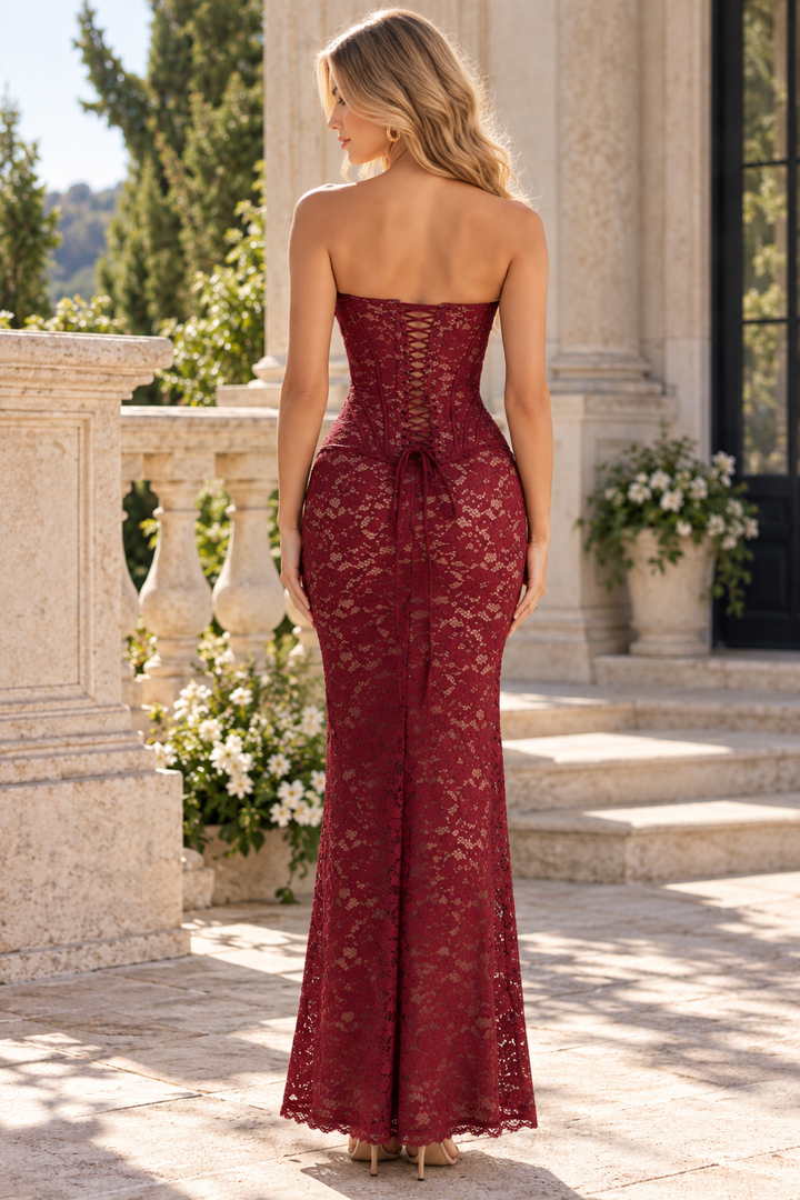 Burgundy Sweetheart Lace Mermaid Sleeveless Strapless Prom Dress