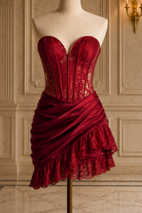 Burgundy Sweetheart Strapless Ruffles Pleated Mini Homecoming Dress