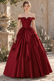 Burgundy Off-Shoulder A-Line Empire-Waist Satin Prom Evening Dress with Bow