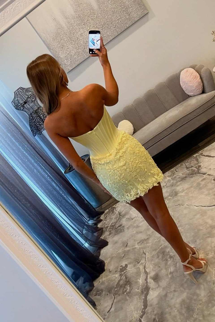 Butter Yellow Strapless Corset Lace Homecoming Mini Dress