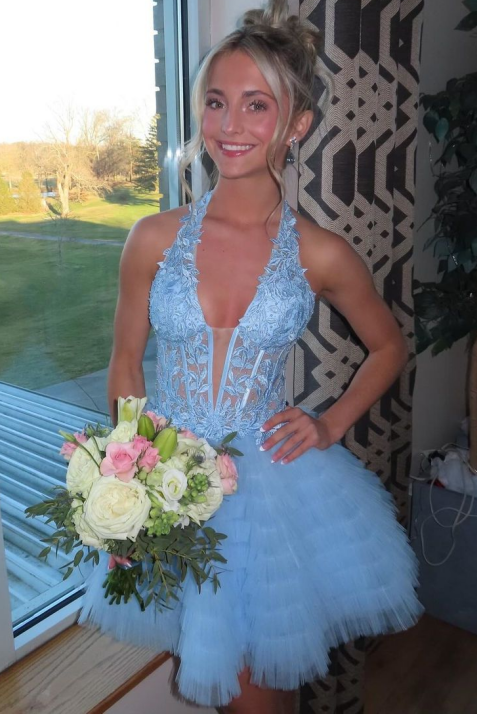 Halter Silver Applique A-Line Layered Homecoming Dress