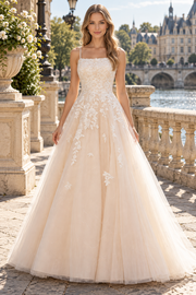 Champagne A-Line Empire-Waist Lace Appliques Sleeveless Long Prom Dress with Spaghetti Straps