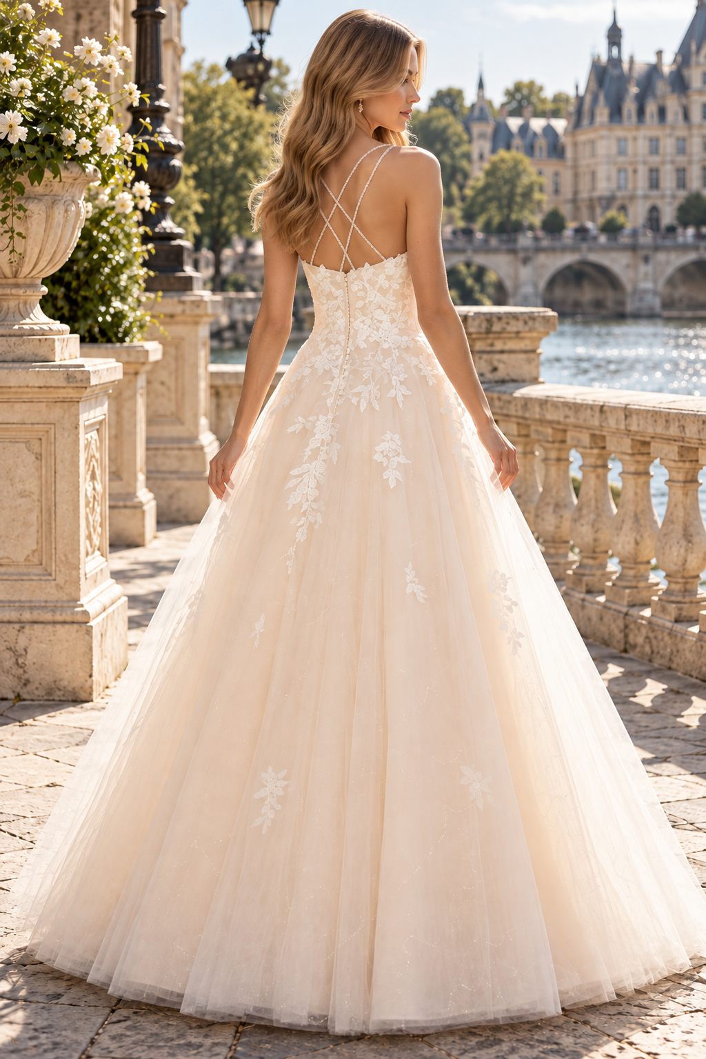 Champagne A-Line Empire-Waist Lace Appliques Sleeveless Long Prom Dress with Spaghetti Straps