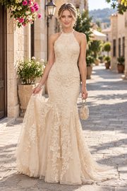 Champagne Halter Lace Appliques Backless Mermaid Sleeveless Long Prom Dress
