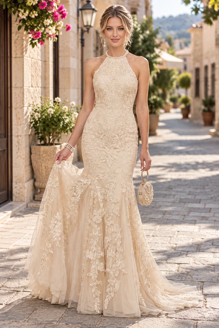 Champagne Halter Lace Appliques Backless Mermaid Sleeveless Long Prom Dress