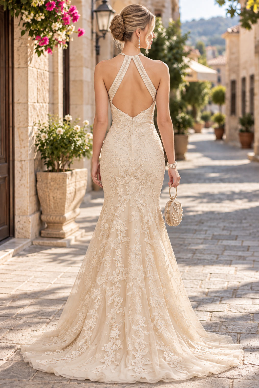 Champagne Halter Lace Appliques Backless Mermaid Sleeveless Long Prom Dress