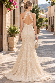 Champagne Halter Lace Appliques Backless Mermaid Sleeveless Long Prom Dress