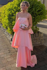Chic A-Line Spaghetti Straps Layered Satin Sleeveless Long Formal Prom Dress