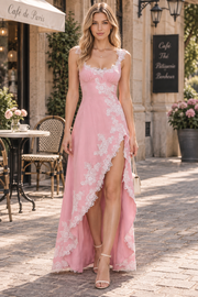 Chic A-Line Straps Lace Appliques Backless Satin Prom Dress with Slit