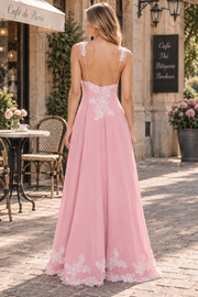Chic A-Line Straps Lace Appliques Backless Satin Prom Dress with Slit