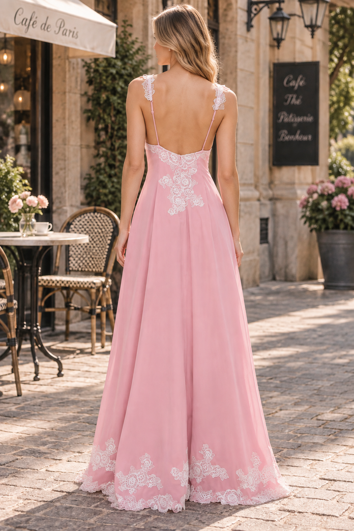 Chic A-Line Straps Lace Appliques Backless Satin Prom Dress with Slit