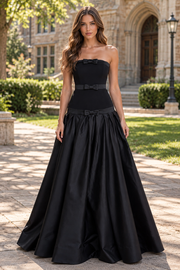 Chic Black A-Line Strapless Empire-Waist Satin Sleeveless Long Prom Dress