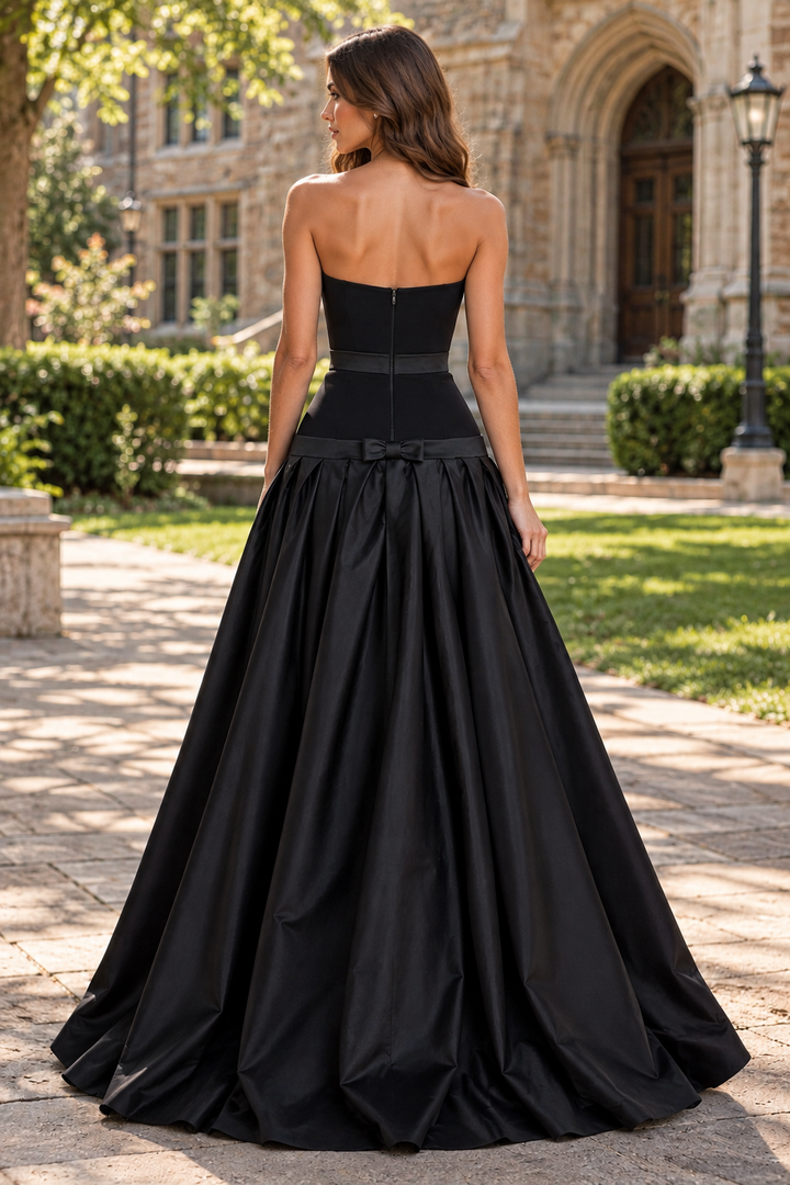 Chic Black A-Line Strapless Empire-Waist Satin Sleeveless Long Prom Dress